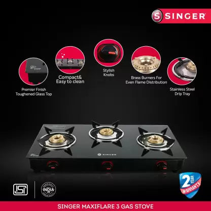 Singer Maxiflare 3 GS Glass Manual Gas Stove  (3 Burners)