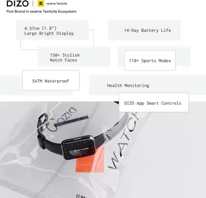 DIZO Watch D 1.8 inch Dynamic display with 550nits brightness (by realme techLife)  (Classic Black Strap, Free Size)