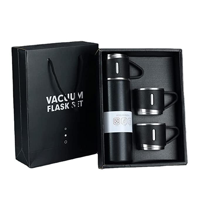 BMR Steel Vacuum Flask Set with 3 Steel Cups Combo - 500ml - Odorless - Keeps HOT/Cold | Ideal Gift for Winter - Housewarming Random Color 001