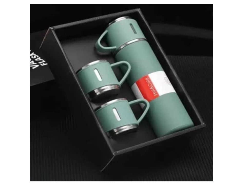 BMR Steel Vacuum Flask Set with 3 Steel Cups Combo - 500ml - Odorless - Keeps HOT/Cold | Ideal Gift for Winter - Housewarming Random Color 004
